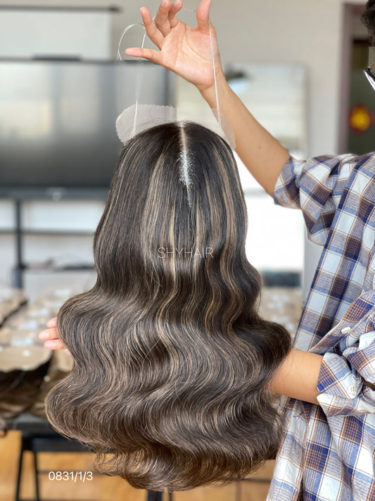 Highlighted Dark Ash Brown Wavy Human Hair Mini Wig - color, texture, blending, or base detail — alternate view
