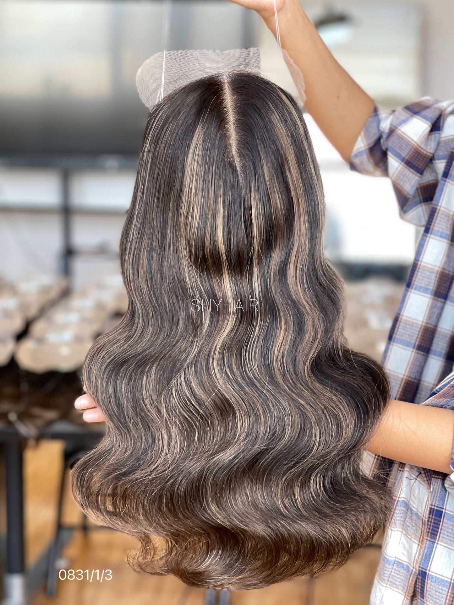 Highlighted Dark Ash Brown Wavy Human Hair Mini Wig - color, texture, blending, or base detail