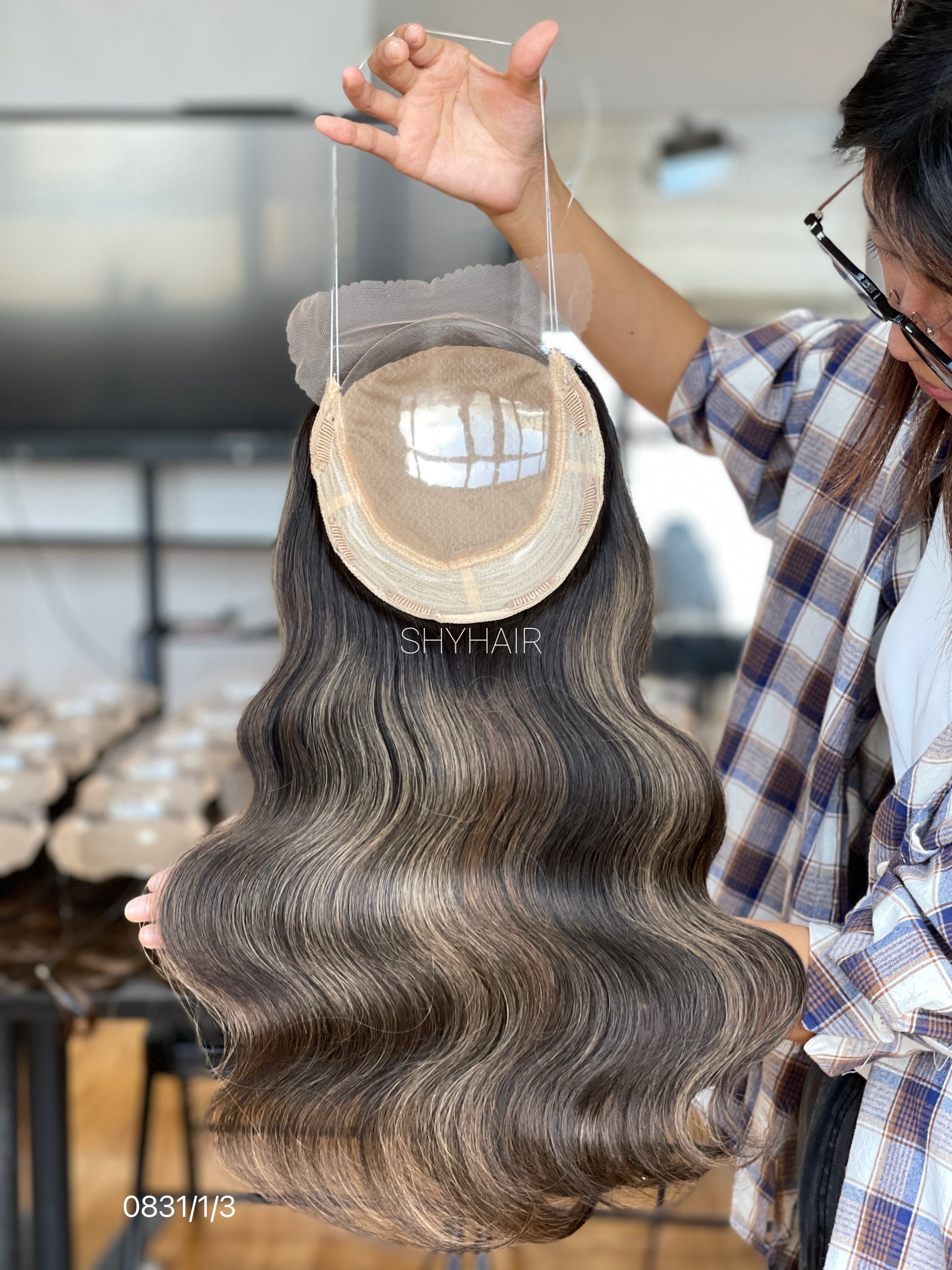 Highlighted Dark Ash Brown Wavy Human Hair Mini Wig - color, texture, blending, or base detail