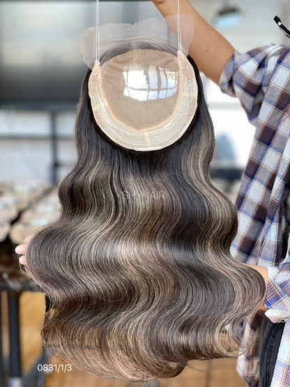 Highlighted Dark Ash Brown Wavy Human Hair Mini Wig - base and construction detail