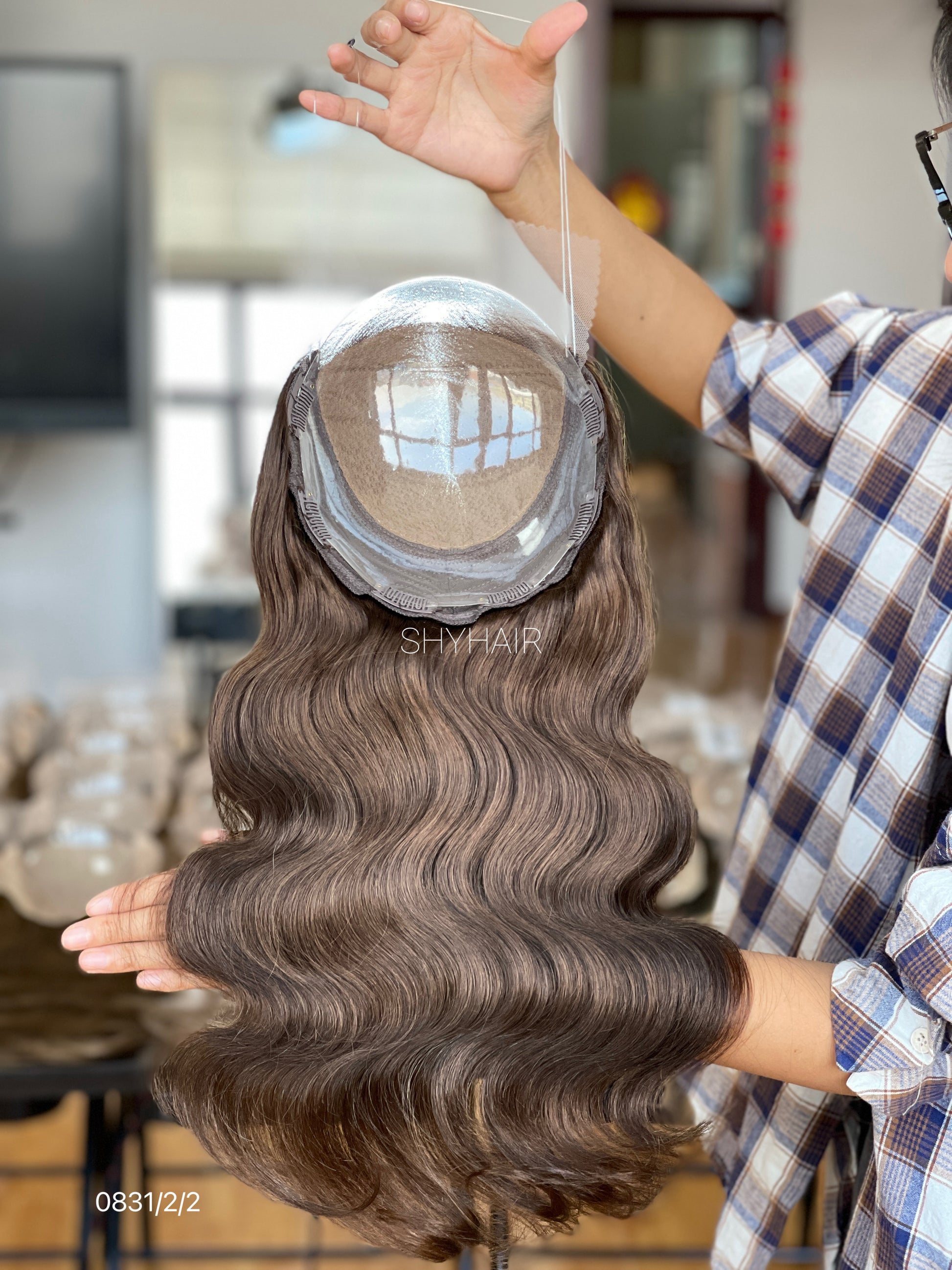 Chocolate Brown Wavy Human Hair Mini Wig - color, texture, blending, or base detail