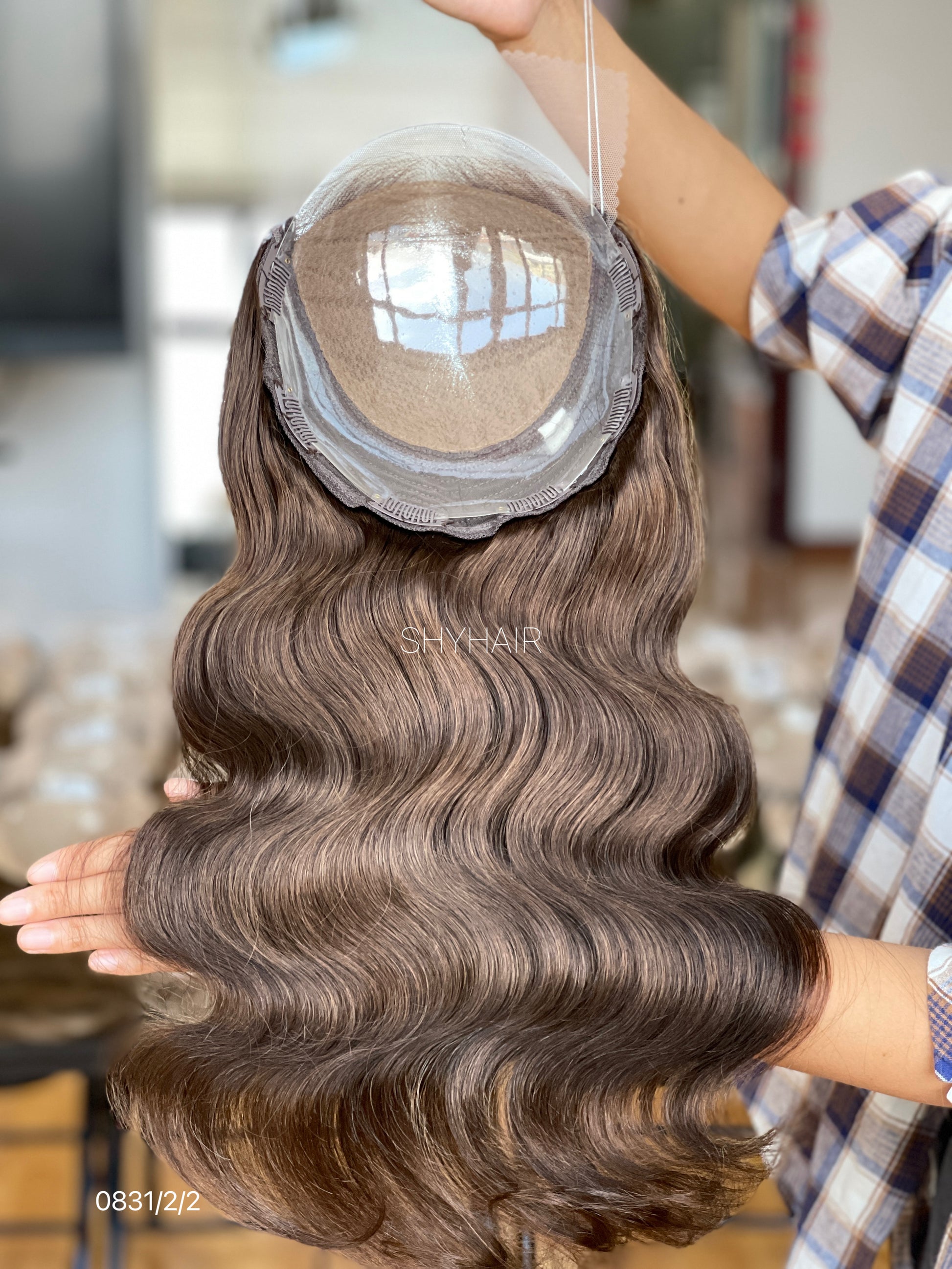 Chocolate Brown Wavy Human Hair Mini Wig - color, texture, blending, or base detail