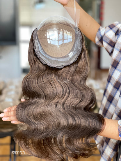 Chocolate Brown Wavy Human Hair Mini Wig - color, texture, blending, or base detail