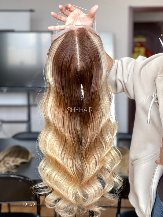 Copper Brown-to-Golden Blonde Ombre Wavy Human Hair Mini Wig - featured color and texture view