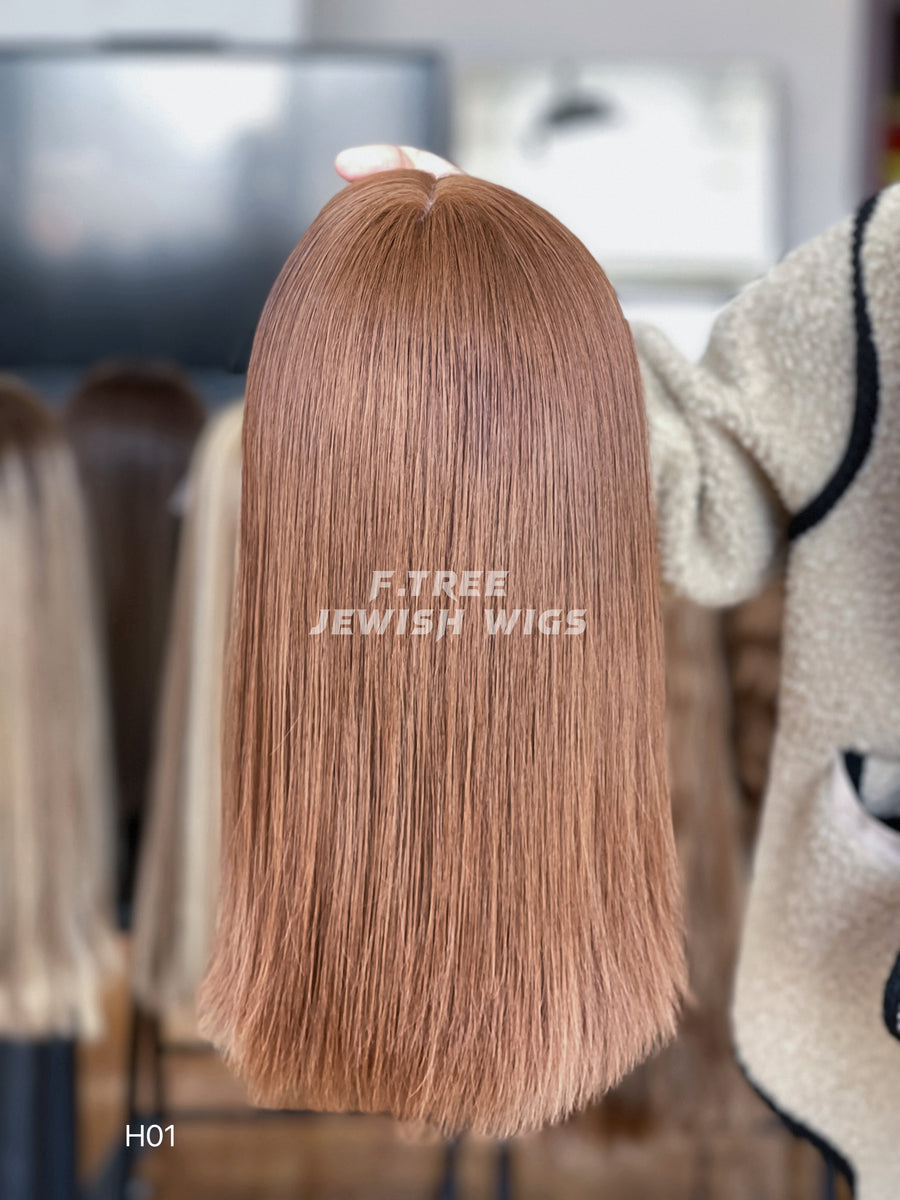Light copper brown straight human hair sheitel wig, crown detail