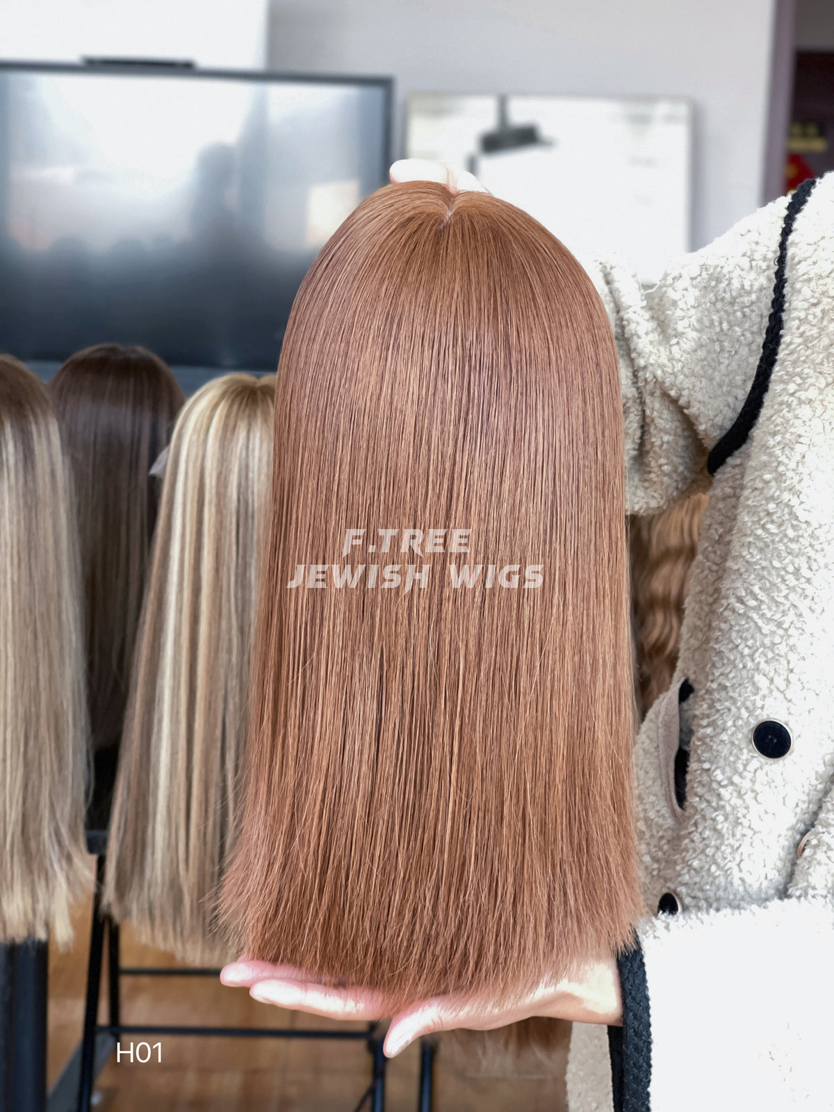 Light copper brown straight human hair sheitel wig, rear view
