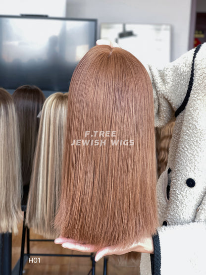 Light copper brown straight human hair sheitel wig, rear view
