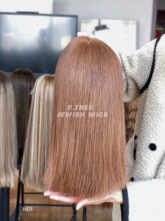 Light copper brown straight human hair sheitel wig, rear view — alternate view