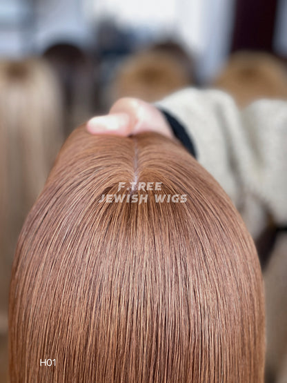 Light copper brown straight human hair sheitel wig, back view