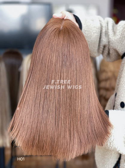 Light copper brown straight human hair sheitel wig, smooth hair detail