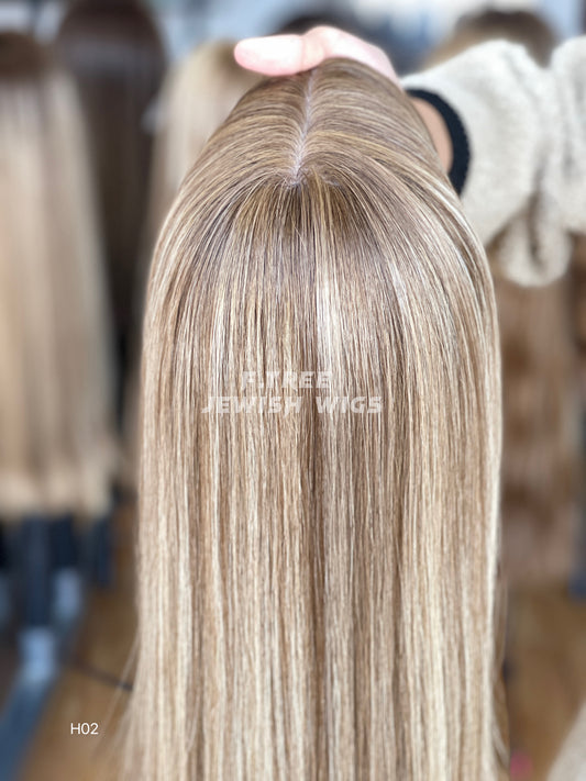 Cool ash blonde straight human hair sheitel wig, rear view — alternate view
