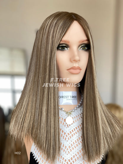 Cool ash blonde middle-part straight human hair sheitel wig, left front view
