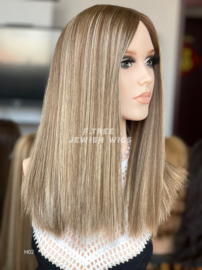Cool ash blonde middle-part straight human hair sheitel wig, right side view