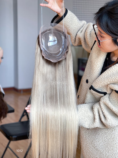 Silver Ash Blonde Straight Human Hair Mini Wig - color, texture, blending, or base detail