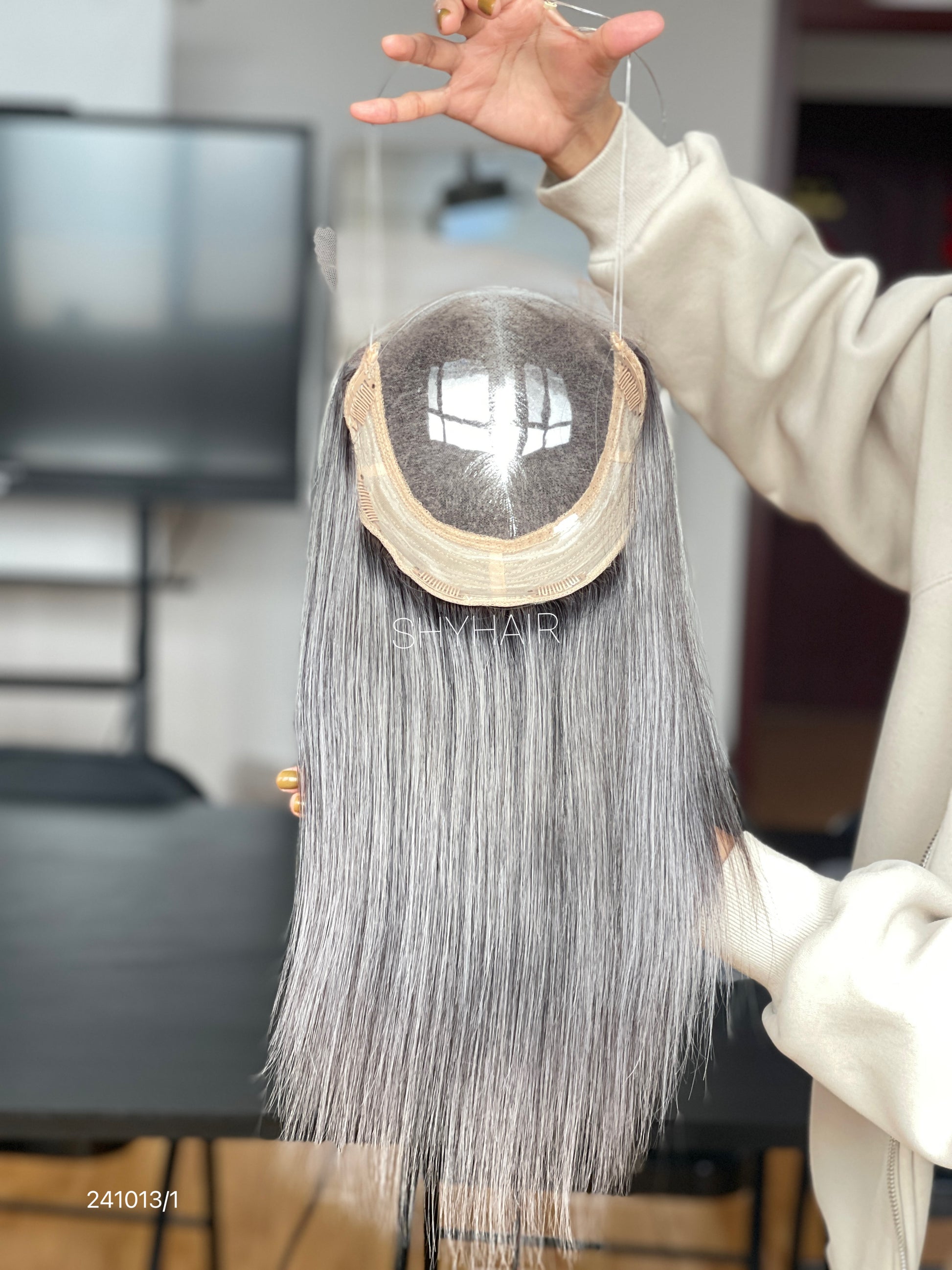 Steel Silver Gray Long Straight Human Hair Mini Wig - base and construction detail