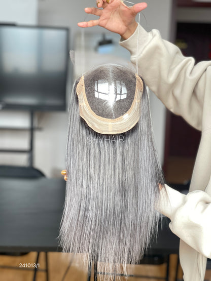 Steel Silver Gray Long Straight Human Hair Mini Wig - base and construction detail