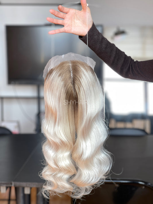 Pale Platinum Ash Blonde Wavy Human Hair Mini Wig - featured color and texture view