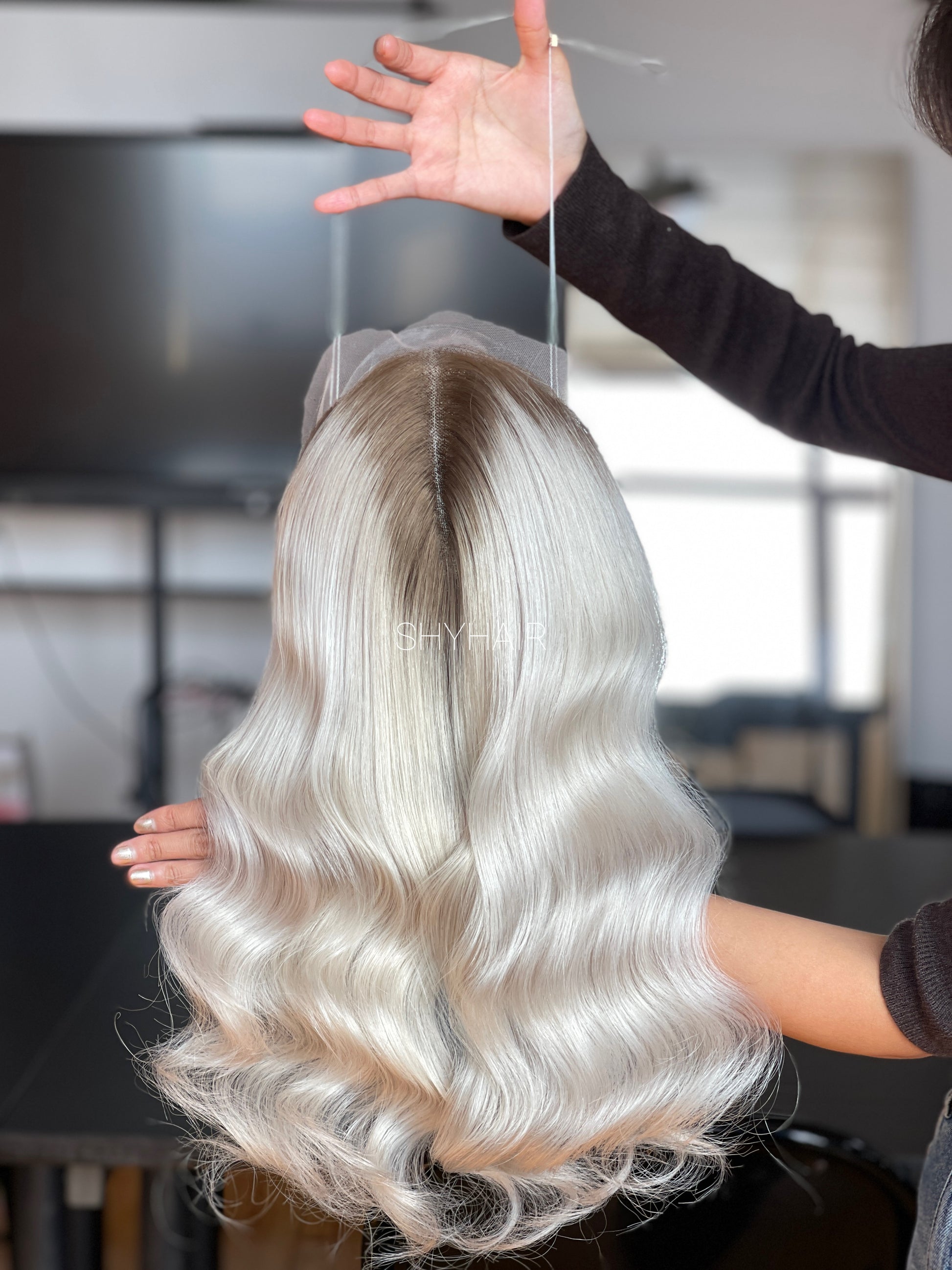 Pale Platinum Ash Blonde Wavy Human Hair Mini Wig - color, texture, blending, or base detail