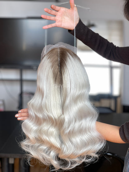 Pale Platinum Ash Blonde Wavy Human Hair Mini Wig - color, texture, blending, or base detail