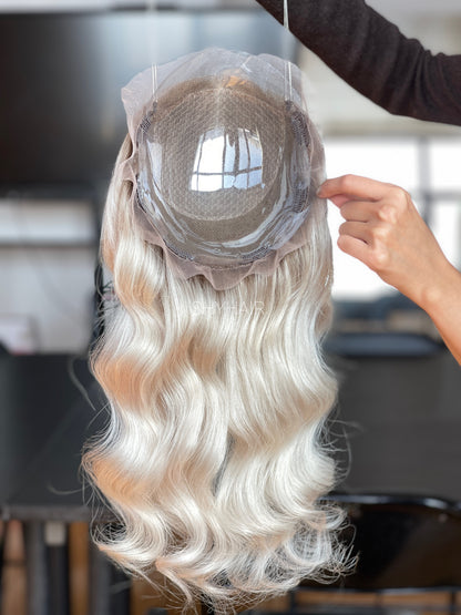 Pale Platinum Ash Blonde Wavy Human Hair Mini Wig - color, texture, blending, or base detail