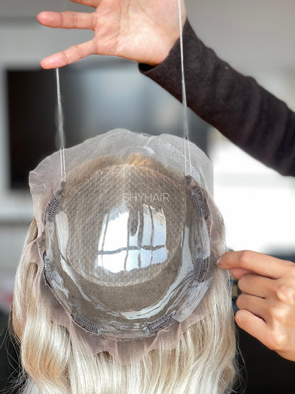 Pale Platinum Ash Blonde Wavy Human Hair Mini Wig - color, texture, blending, or base detail
