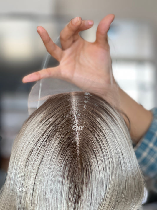 Dark-Root Silver Blonde Wavy Human Hair Mini Wig - color, texture, blending, or base detail — alternate view