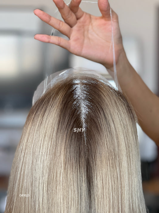 Dark-Root Beige Blonde Straight Human Hair Mini Wig - color, texture, blending, or base detail — alternate view