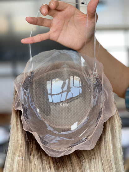 Dark-Root Beige Blonde Straight Human Hair Mini Wig - base and construction detail