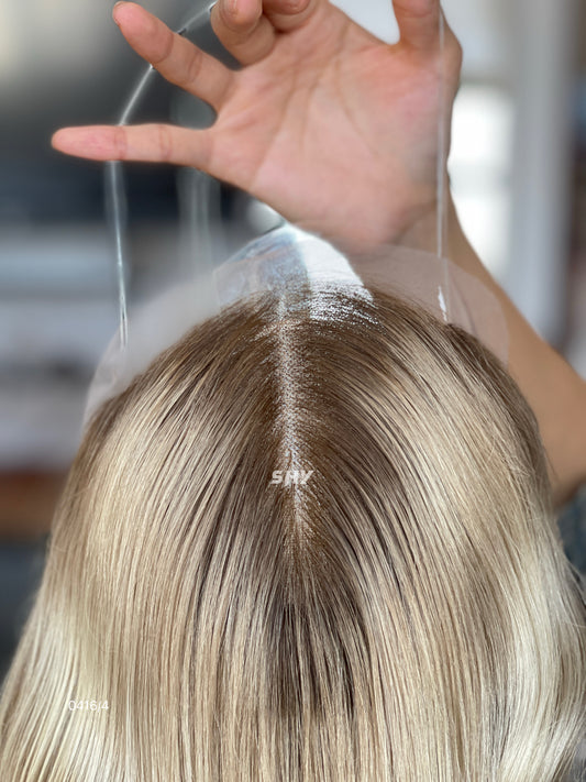Golden Blonde Wavy Human Hair Mini Wig - color, texture, blending, or base detail — alternate view