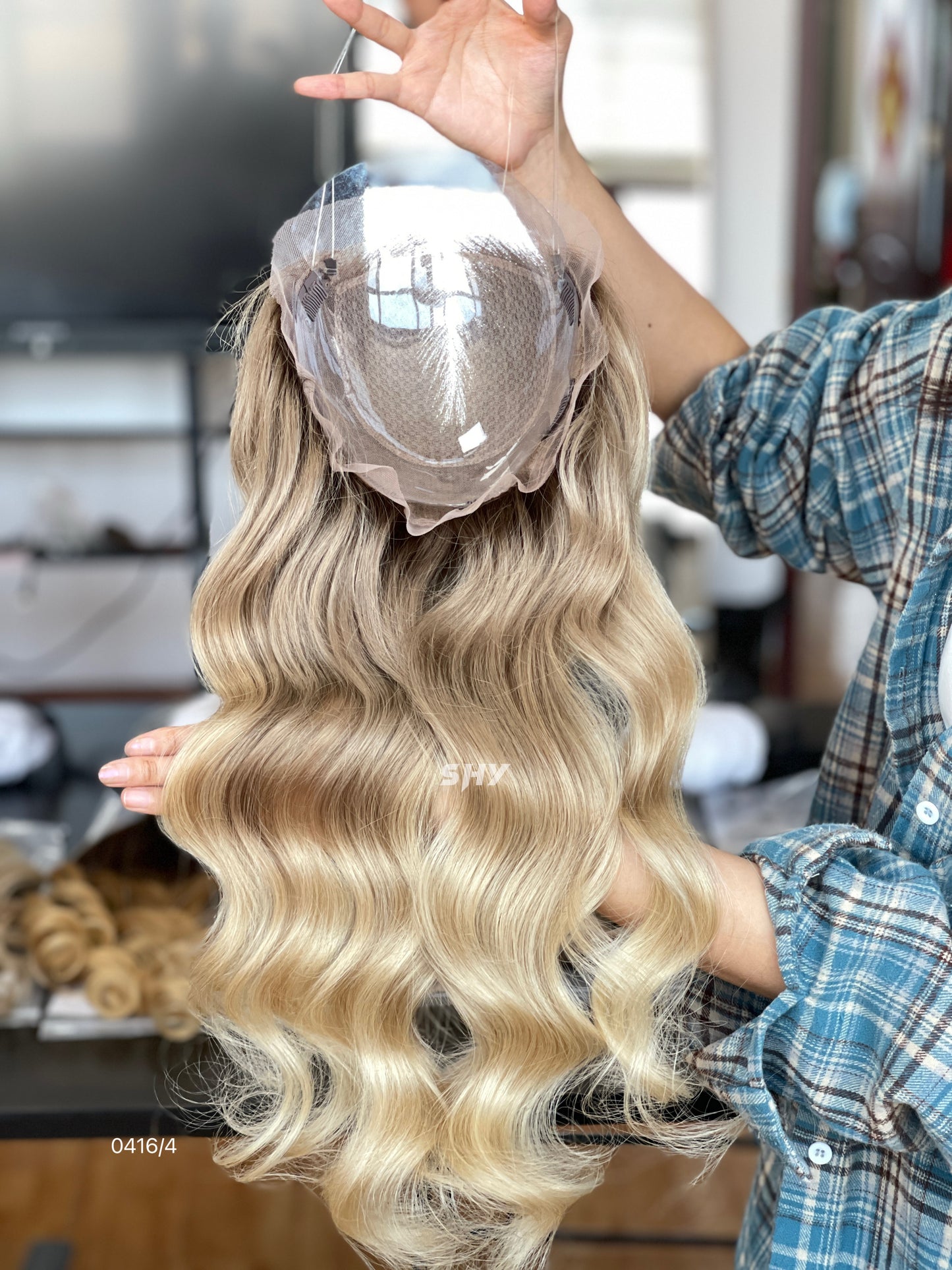Golden Blonde Wavy Human Hair Mini Wig - color, texture, blending, or base detail