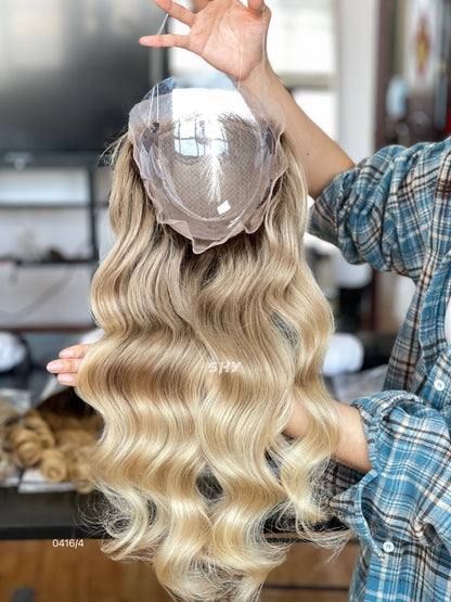 Golden Blonde Wavy Human Hair Mini Wig - color, texture, blending, or base detail