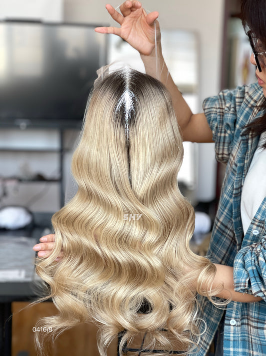 Rooted Beige Blonde Wavy Human Hair Mini Wig - featured color and texture view