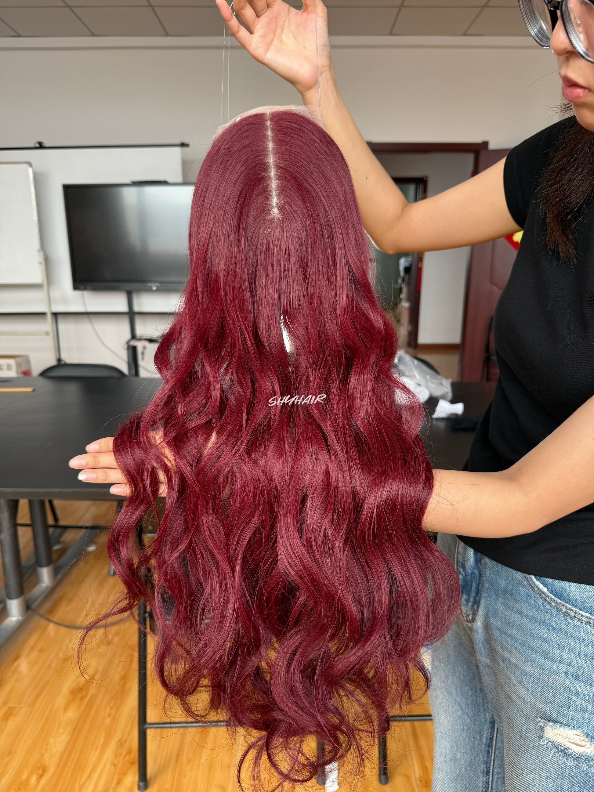 Burgundy Red Wavy Human Hair Mini Wig - featured color and texture view