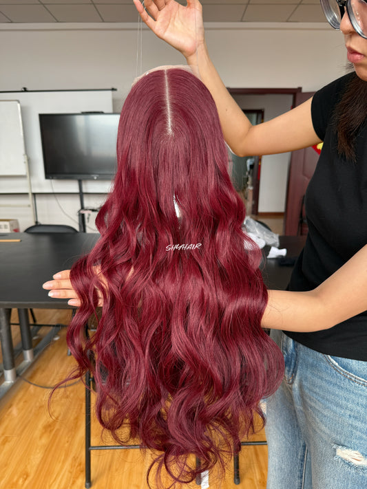 Burgundy Red Wavy Human Hair Mini Wig - featured color and texture view