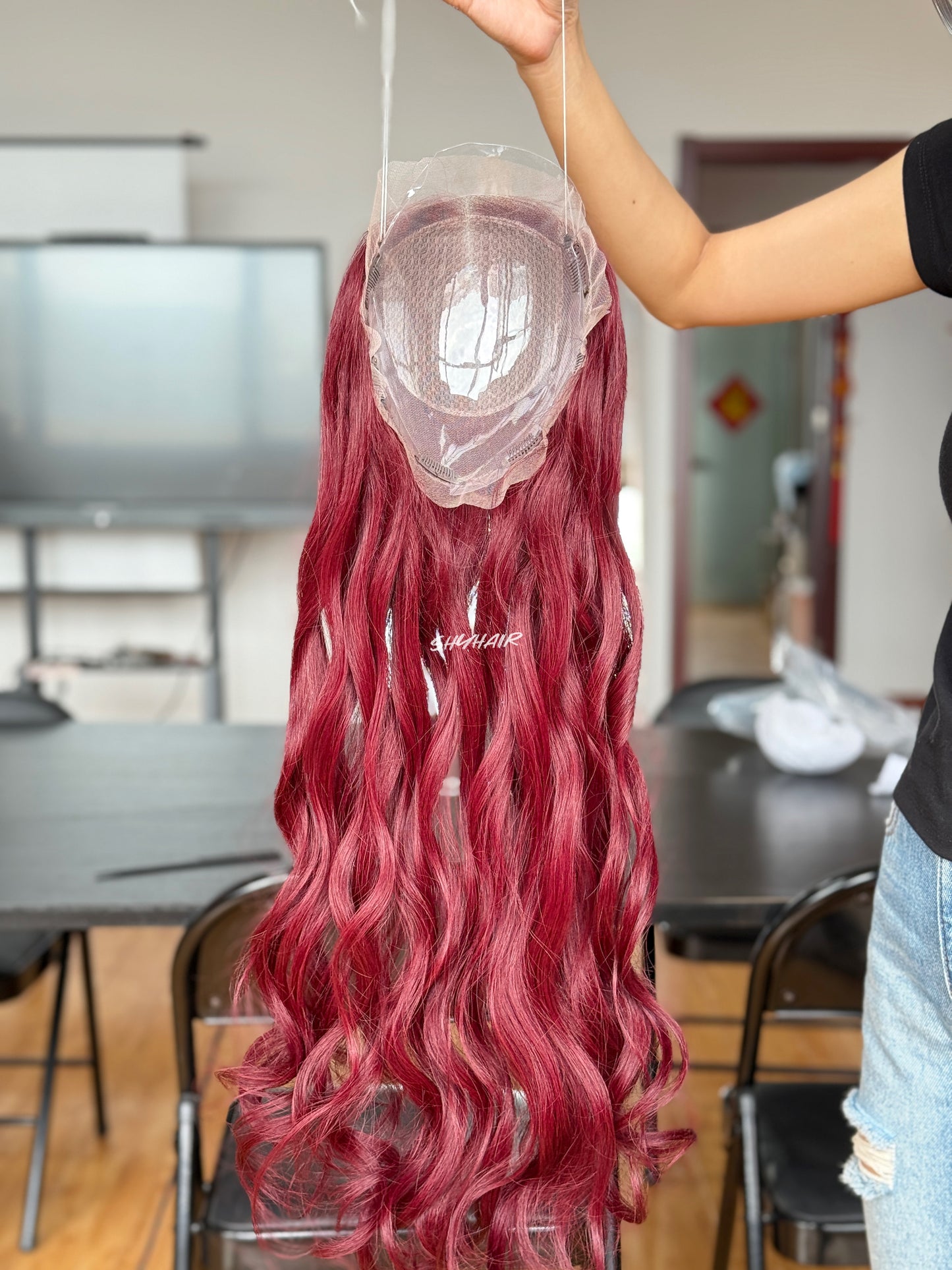 Burgundy Red Wavy Human Hair Mini Wig - color, texture, blending, or base detail