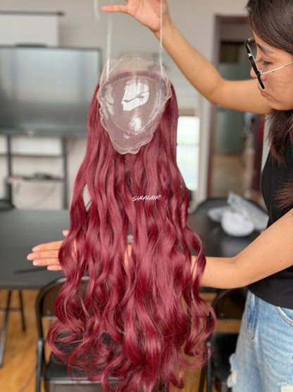 Burgundy Red Wavy Human Hair Mini Wig - color, texture, blending, or base detail