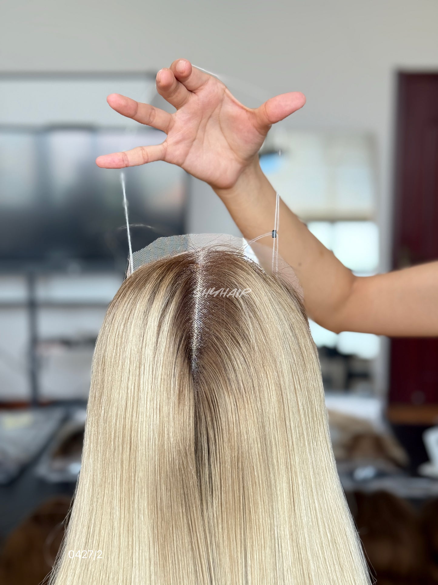Dark-Root Pale Blonde Straight Human Hair Mini Wig - color, texture, blending, or base detail