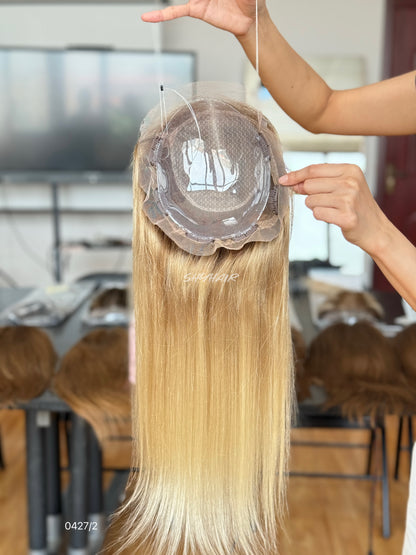 Dark-Root Pale Blonde Straight Human Hair Mini Wig - color, texture, blending, or base detail