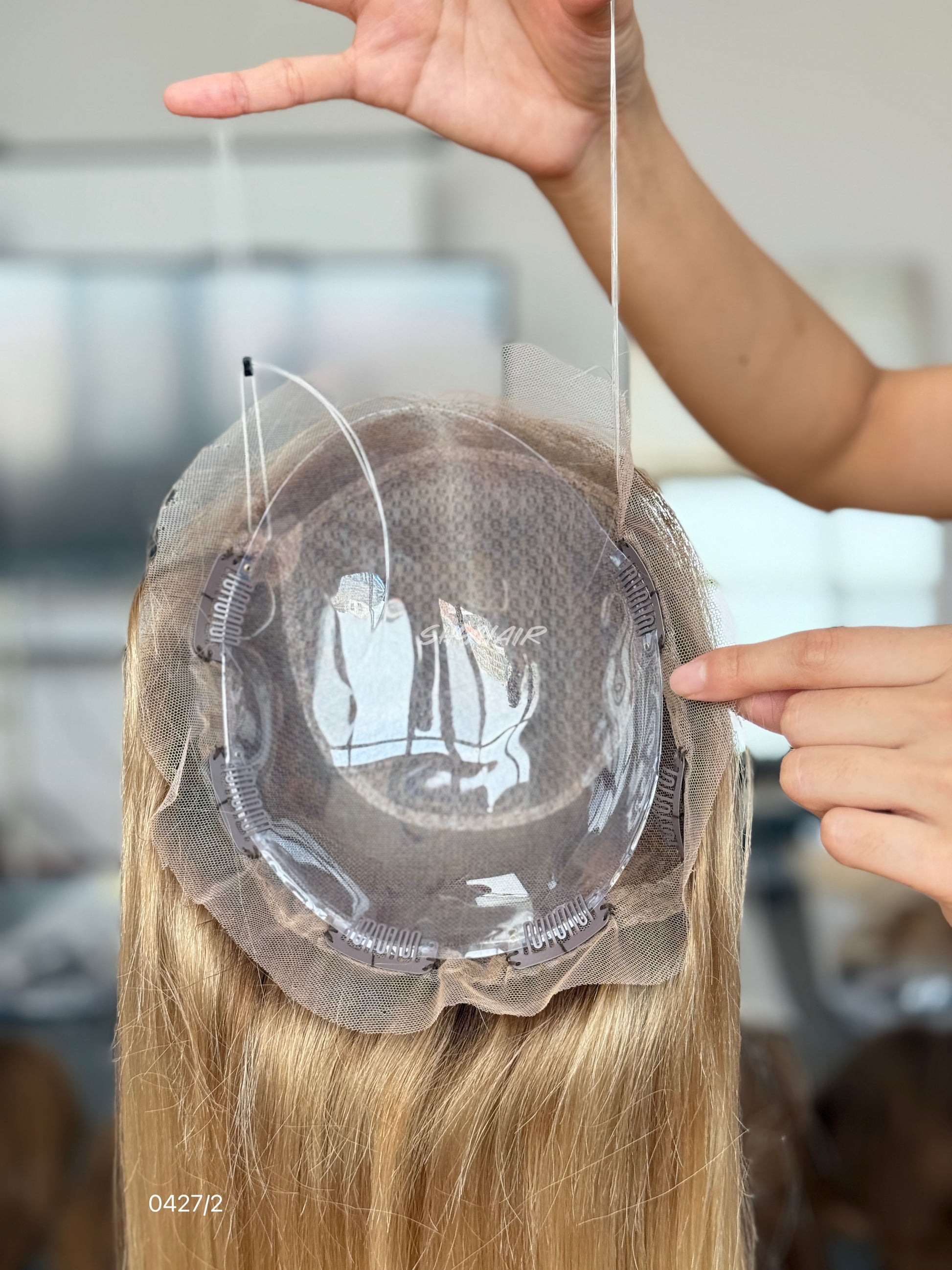 Dark-Root Pale Blonde Straight Human Hair Mini Wig - base and construction detail