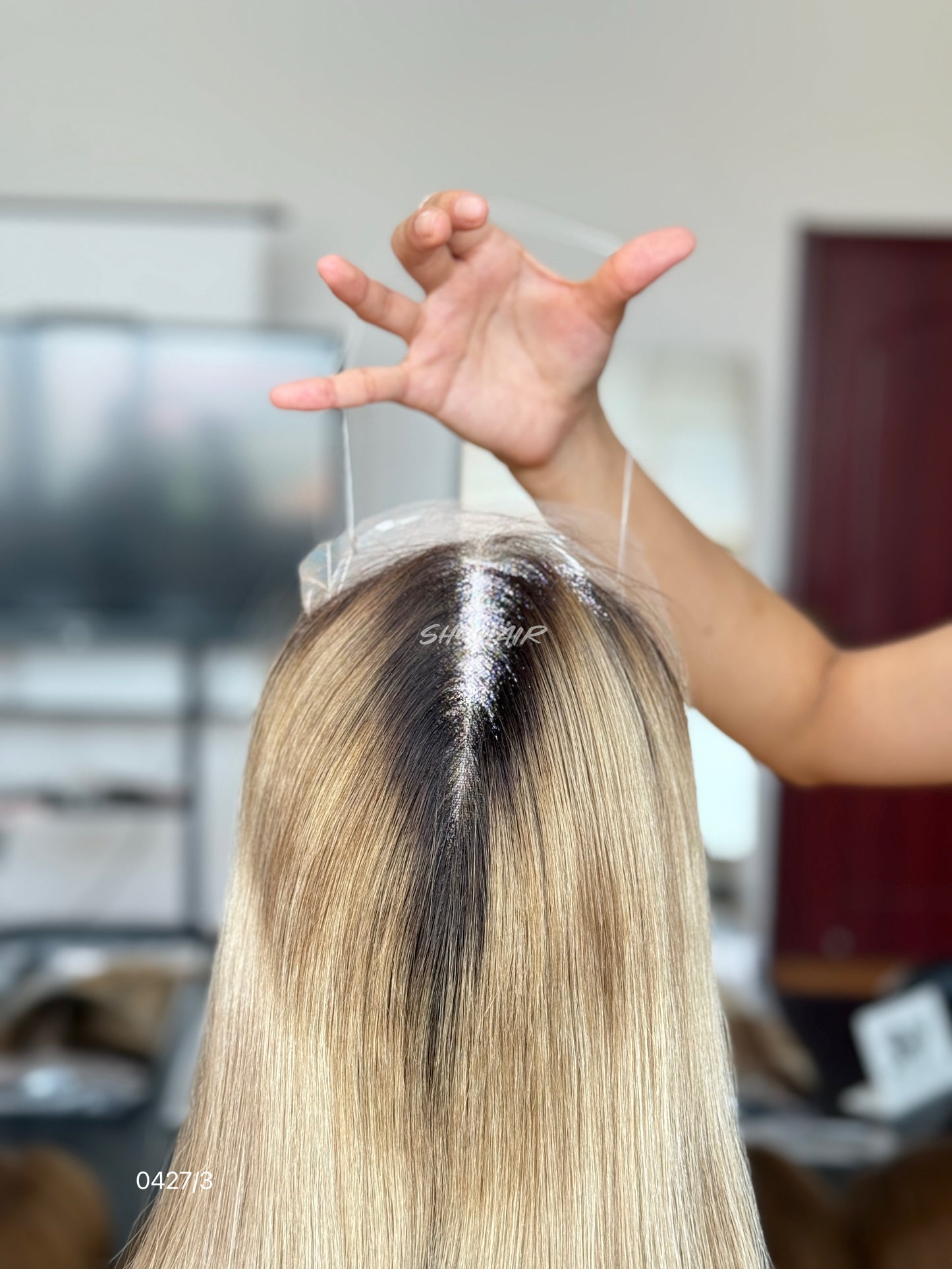Dark-Root Golden Blonde Straight Human Hair Mini Wig - color, texture, blending, or base detail