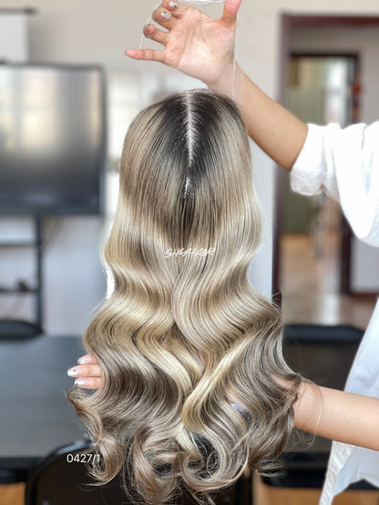 Dark-Root Ash Beige Blonde Wavy Human Hair Mini Wig - color, texture, blending, or base detail
