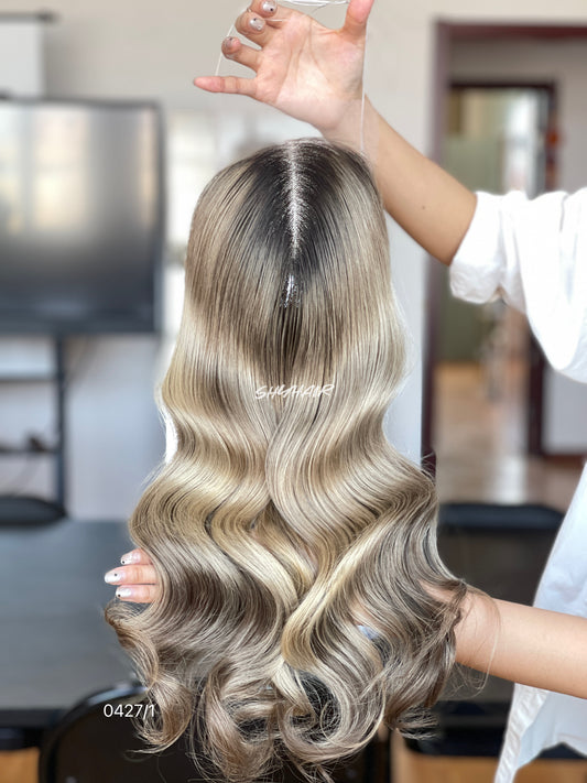 Dark-Root Ash Beige Blonde Wavy Human Hair Mini Wig - color, texture, blending, or base detail — alternate view