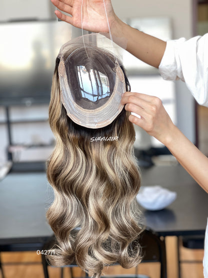 Dark-Root Ash Beige Blonde Wavy Human Hair Mini Wig - color, texture, blending, or base detail