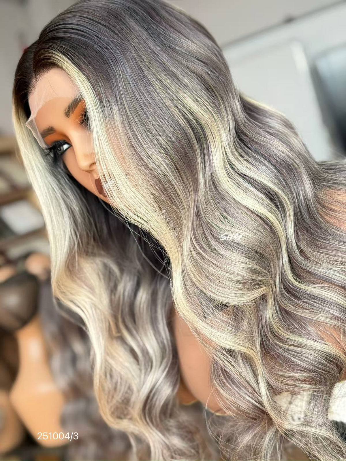 13x4 Silver Ash Blonde Rooted Body Wave Human Hair Transparent Lace Front Wig view 2