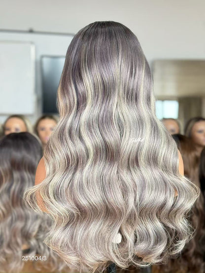13x4 Silver Ash Blonde Rooted Body Wave Human Hair Transparent Lace Front Wig view 3