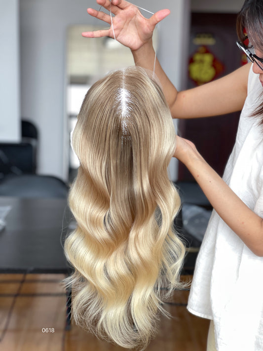 Ash-Beige Rooted Golden Blonde Ombre Body Wave 8x8 Full Hand-Tied Human Hair Topper Mini Wig product view 1