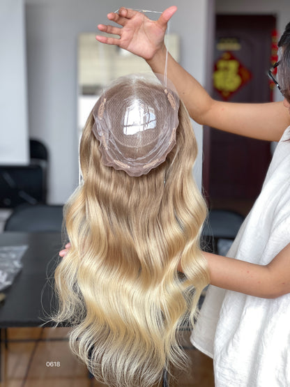 Ash-Beige Rooted Golden Blonde Ombre Body Wave 8x8 Full Hand-Tied Human Hair Topper Mini Wig product view 4
