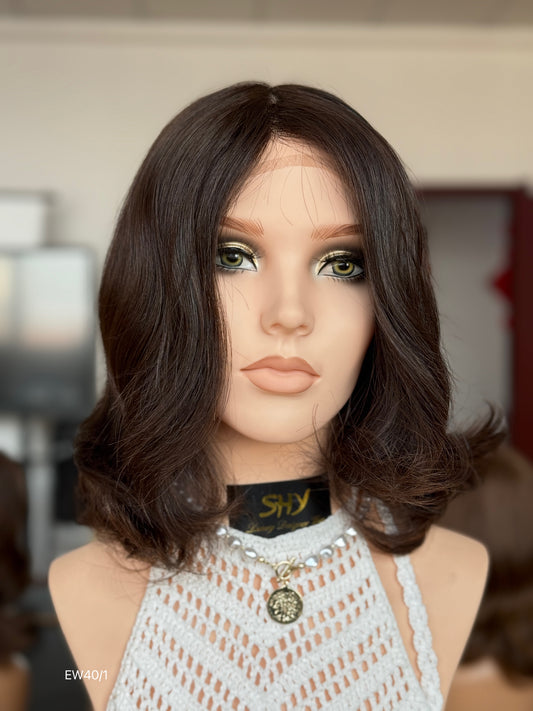 Deep Chocolate Brown Shoulder-Length Layered Silk Top Human Hair Medical Wig - Europe Dispatch - featured wearing view