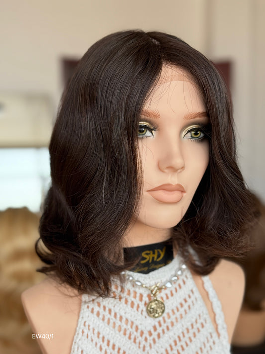 Deep Chocolate Brown Shoulder-Length Layered Silk Top Human Hair Medical Wig - Europe Dispatch - wearing and style detail — alternate view