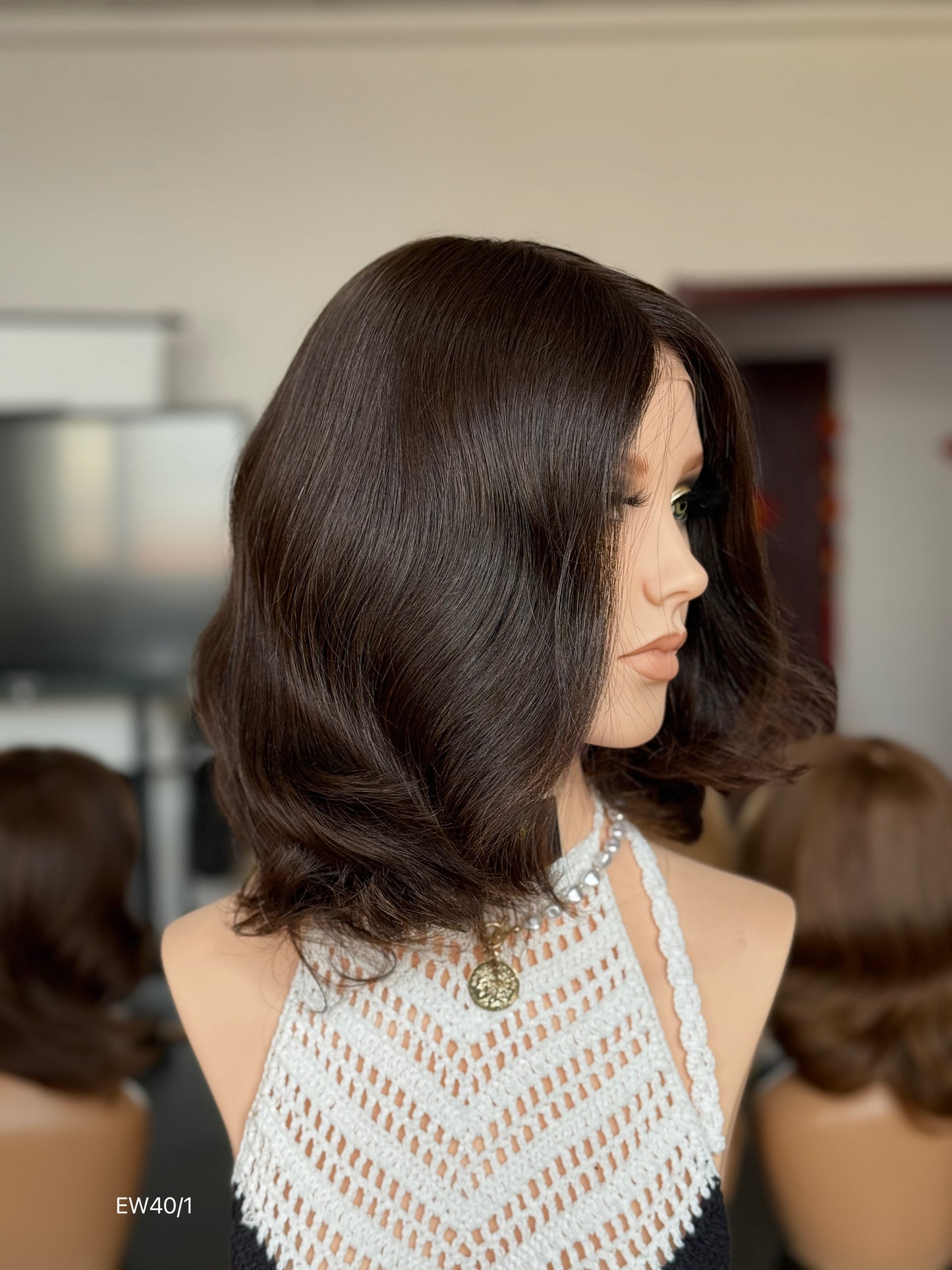 Deep Chocolate Brown Shoulder-Length Layered Silk Top Human Hair Medical Wig - Europe Dispatch - wearing and style detail